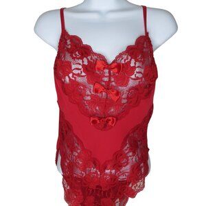 New Vintage Delicates Womens Red Lace Bodysuit Satin Bow Accents Size M